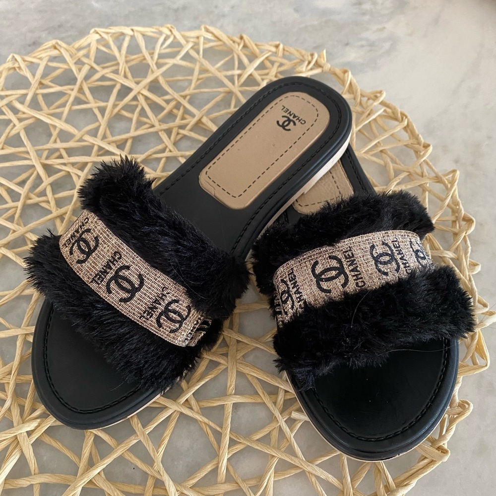 Channel black faux fur sandals